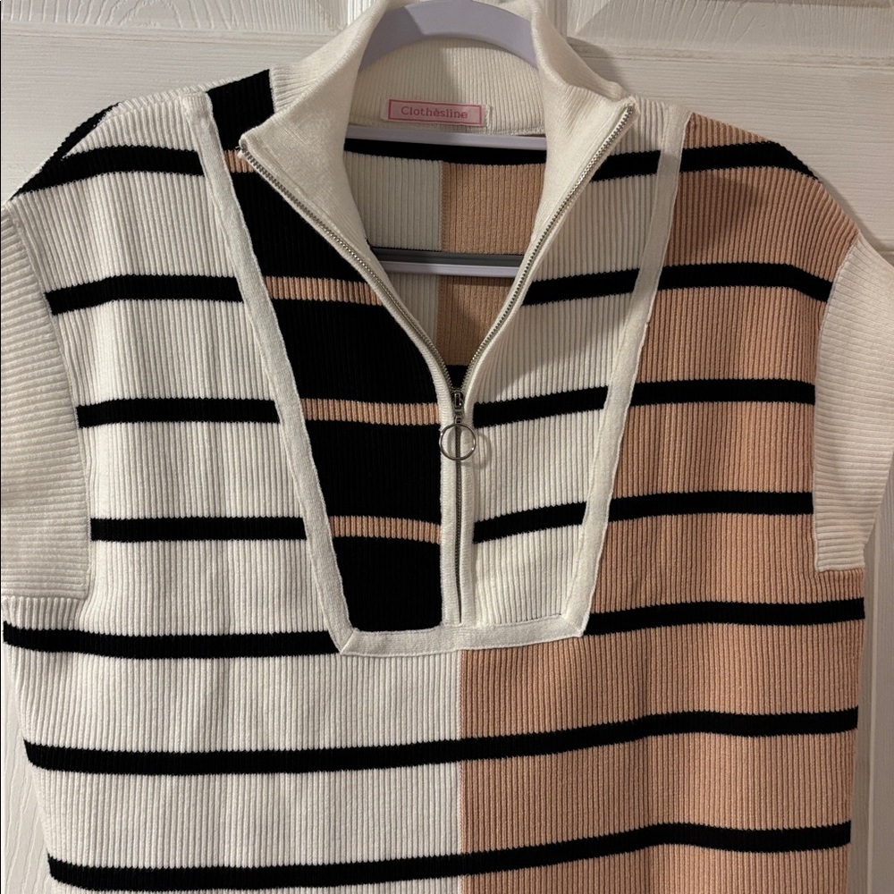 Clothesline Black White Tan Color Block Sleeveless Knit Top with Zipper Frint - Picture 5 of 9